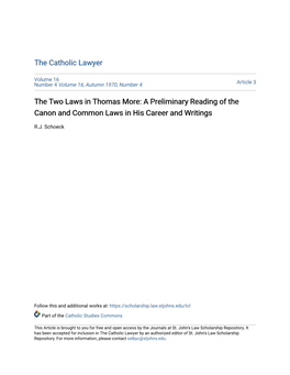 The Two Laws in Thomas More: a Preliminary Reading of the Canon and Common Laws in His Career and Writings