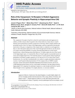 Role of the Vasopressin 1B Receptor in Rodent Aggressive Behavior and Synaptic Plasticity in Hippocampal Area CA2