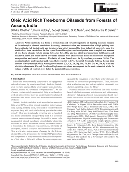 Oleic Acid Rich Tree-Borne Oilseeds from Forests of Assam, India Bithika Chaliha1, 2, Rumi Kotoky2, Debajit Saikia2, S