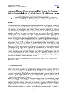 Analysis of Parental Involvement and Self-Esteem on Secondary School Students in Kieni West Sub-County, Nyeri County, Kenya