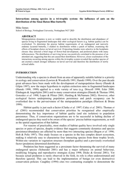 Interactions Among Species in a Tri-Trophic System: the Influence of Ants on the Distribution of the Sinai Baton Blue Butterfly