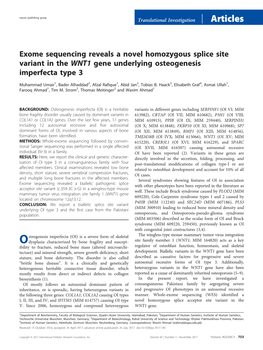 Exome Sequencing Reveals a Novel Homozygous Splice Site Variant in the WNT1 Gene Underlying Osteogenesis Imperfecta Type 3