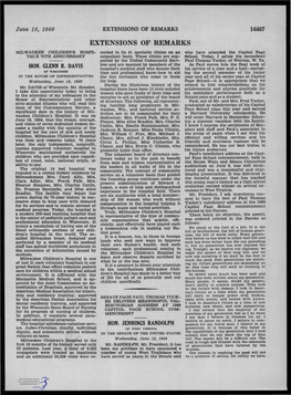 EXTENSIO·NS of REMARKS MILWAUKEE CHILDREN's HOSPI­ Corded in Its 41 Specialty Clinics on an Who Have Attended the Capitol Page TAL's 75TH ANNIVERSARY Outpatient Basis