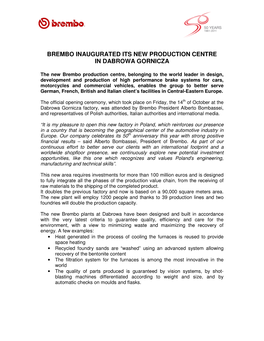 Brembo Inaugurated Its New Production Centre in Dabrowa Gornicza