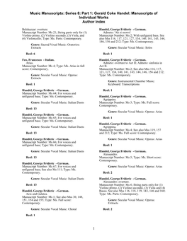 Gerald Coke Handel: Manuscripts of Individual Works Author Index 1