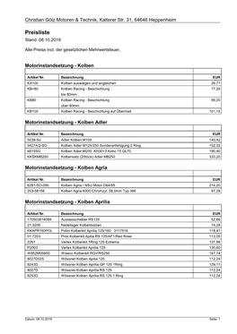 Preisliste Stand: 08.10.2019