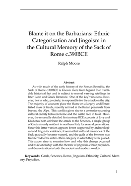 Blame It on the Barbarians: Ethnic Categorisation and Jingoism in the Cultural Memory of the Sack of Rome C.390BCE