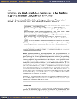 Structural and Biochemical Characterization of a Dye Decoloriz- Ing Peroxidase from Dictyostelium Discoideum