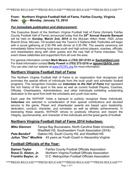 Northern Virginia Football Hall of Fame, Fairfax County, Virginia Date: Monday, January 13, 2014