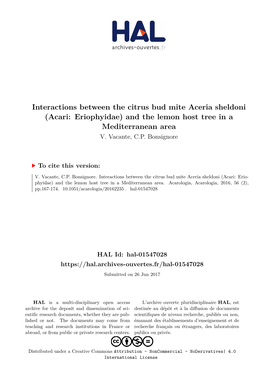 Interactions Between the Citrus Bud Mite Aceria Sheldoni (Acari: Eriophyidae) and the Lemon Host Tree in a Mediterranean Area V