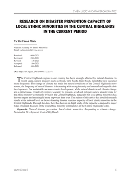 Research on Disaster Prevention Capacity of Local Ethnic Minorities in the Central Highlands in the Current Period