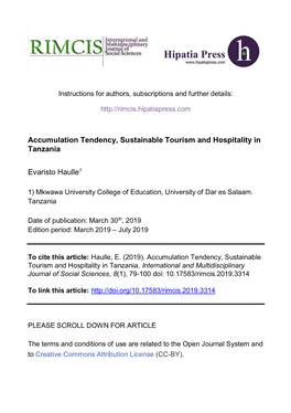Accumulation Tendency, Sustainable Tourism and Hospitality in Tanzania Evaristo Haulle1