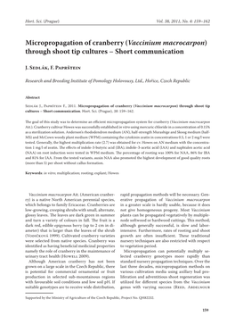 Micropropagation of Cranberry (Vaccinium Macrocarpon) Through Shoot Tip Cultures – Short Communication