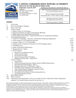 CAPITOL CORRIDOR JOINT POWERS AUTHORITY MEETING of the BOARD of DIRECTORS Wednesday, Sept 18, 2019 Simultaneous Teleconference Calls Will Take Place At: 10:00 A.M