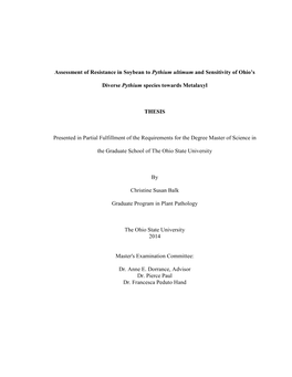 Assessment of Resistance in Soybean to Pythium Ultimum and Sensitivity of Ohio’S