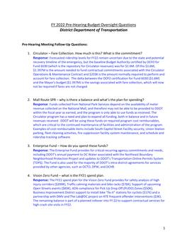 FY 2022 Pre-Hearing Budget Oversight Questions District Department of Transportation