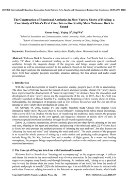 The Construction of Emotional Aesthetics in Slow Variety Shows of Healing: a Case Study of China's First Voice Interactive Reality Show Welcome Back to Sound