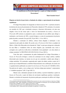 Os Republicanos Na Piracicaba Imperial E O Apoio Ao Colégio Metodista Piracicabano1 Thais Gonsales Soares2