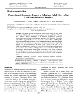 Short Communication Comparison of Fish Species Diversity in Dalaki and Helleh Rivers of the Persis Basin in Bushehr Province