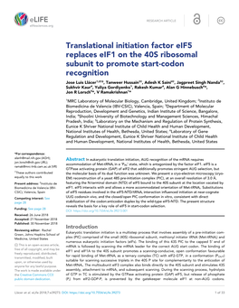 Translational Initiation Factor Eif5 Replaces Eif1 on the 40S Ribosomal