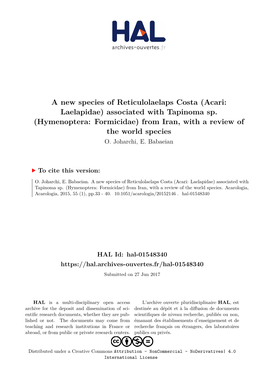 Hymenoptera: Formicidae) from Iran, with a Review of the World Species O