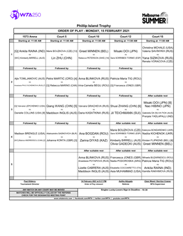 Phillip Island Trophy ORDER of PLAY - MONDAY, 15 FEBRUARY 2021