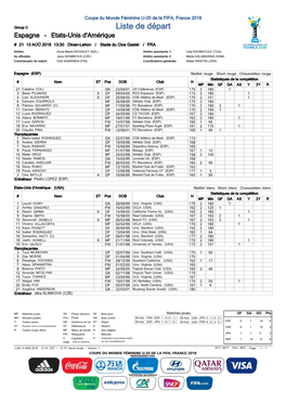 Liste De Départ Espagne - Etats-Unis D'amérique # 21 13 AOÛ 2018 13:30 Dinan-Lehon / Stade Du Clos Gastel / FRA