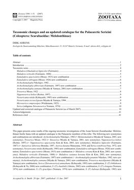 Zootaxa,Taxonomic Changes and an Updated