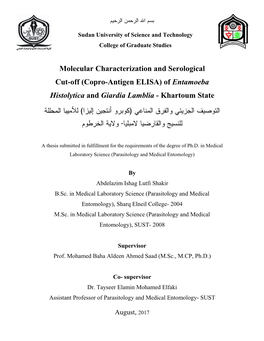 Molecular Characterization and Serological Cut-Off (Copro-Antigen ELISA) of Entamoeba Histolytica and Giardia Lamblia - Khartoum State