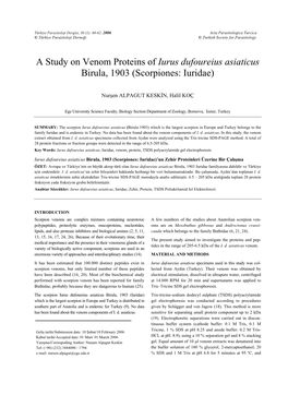 A Study on Venom Proteins of Iurus Dufoureius Asiaticus Birula, 1903 (Scorpiones: Iuridae)