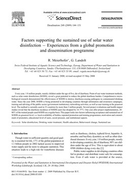 Factors Supporting the Sustained Use of Solar Water Disinfection À Experiences from a Global Promotion and Dissemination Programme