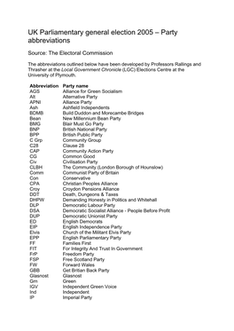 General Election 2005 – Party Abbreviations