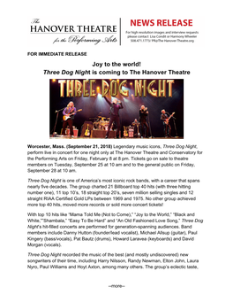Joy to the World! Three Dog Night Is Coming to the Hanover Theatre