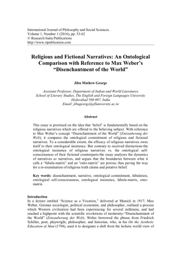 Religious and Fictional Narratives: an Ontological Comparison with Reference to Max Weber’S “Disenchantment of the World”