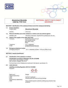 Aluminium Bromide CAS No 7727-15-3 MATERIAL SAFETY