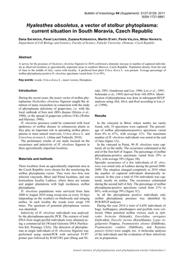 Hyalesthes Obsoletus, a Vector of Stolbur Phytoplasma: Current Situation in South Moravia, Czech Republic