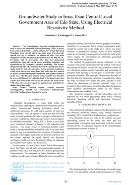 Groundwater Study in Irrua, Esan Central Local Government Area of Edo State, Using Electrical Resistivity Method