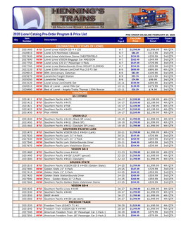 2020 Lionel Catalog Pre-Order Program & Price List