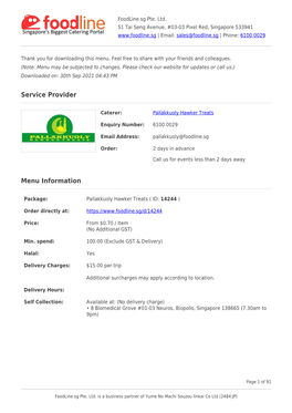 Service Provider Menu Information Food Items