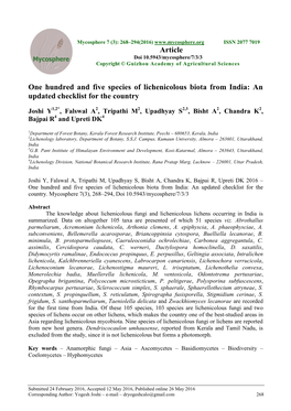 One Hundred and Five Species of Lichenicolous Biota from India: an Updated Checklist for the Country