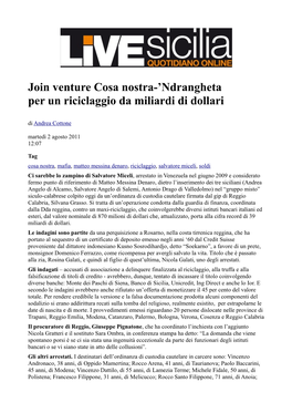 Join Venture Cosa Nostra-'Ndrangheta Per Un