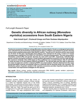 Monodora Myristica) Accessions from South Eastern Nigeria