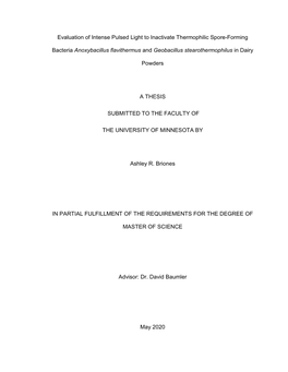 Evaluation of Intense Pulsed Light to Inactivate Thermophilic Spore-Forming Bacteria Anoxybacillus Flavithermus and Geobacillus