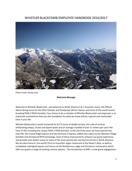 Whistler Blackcomb Employee Handbook 2016/2017