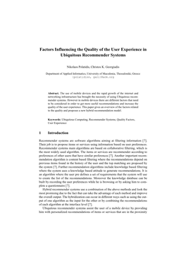 Factors Influencing the Quality of the User Experience in Ubiquitous Recommender Systems