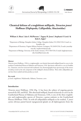 Chemical Defense of a Troglobiont Millipede, &lt;I&gt;Tetracion Jonesi