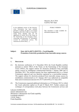 SA.40171 (2015/NN) – Czech Republic Promotion of Electricity Production from Renewable Energy Sources