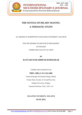 The Novels of Hilary Mantel: a Thematic Study