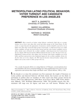 Metropolitan Latino Political Behavior: Voter Turnout and Candidate Preference in Los Angeles