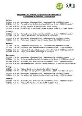 Testplan Für Die Mobilen Antigen-Schnelltestzentren Des Landkreises Wunsiedel I. Fichtelgebirge